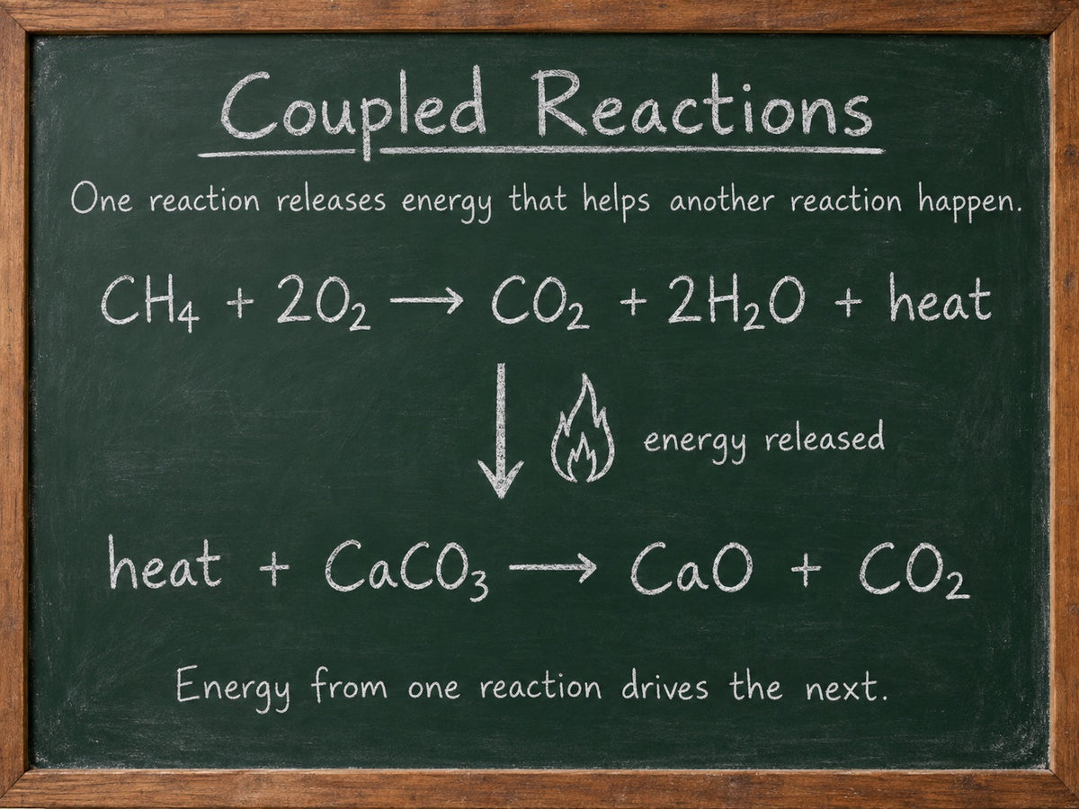 A framed black chalkboard with white handwritten text explaining coupled chemical reactions, showing an example of methane combustion and calcium carbonate decomposition with heat flow.