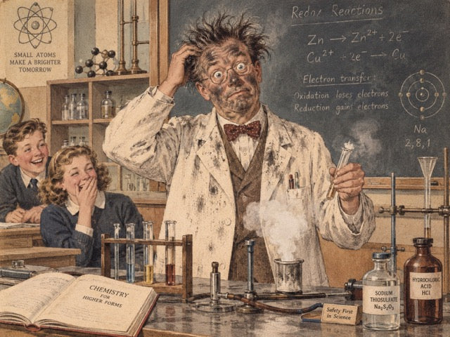 A vintage-style illustration of a messy chemistry teacher in a lab coat holding a smoking test tube, with two students at a desk and chalkboard formulas in the background. Promotional text in the corner reads 'SMALL ATOMS MAKE A BRIGHTER TOMORROW'.
